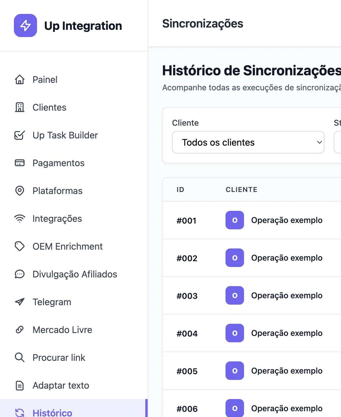 Interface real do Up Integration com dados operacionais substituídos por exemplos para preservar clientes.